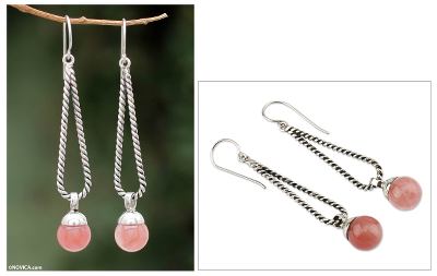 Quartz dangle earrings, 'Cherry Drop Twist' - Cherry Quartz and 925 Silver Dangle Earrings
