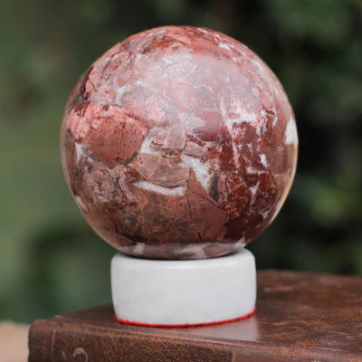 Garnet sphere, 'Romance' - Garnet Sphere Sculpture with Calcite Stand