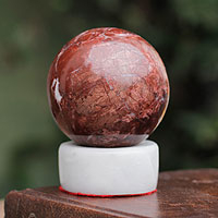 Artisan Crafted Garnet Sphere Sculpture with Calcite Stand,'Passion'