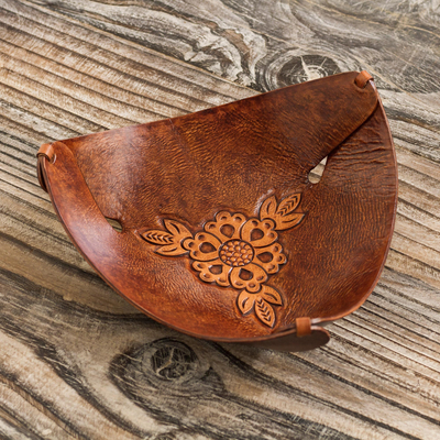 Leather catchall, 'Brown Sunflower Charm' - Artisan Crafted Brown Leather Sunflower Catchall from Peru
