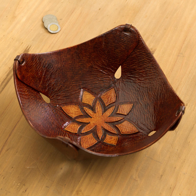 Leather catchall, 'Caramel Star Tattoo' - Fair Trade Floral Tooled Leather Catchall from Peru