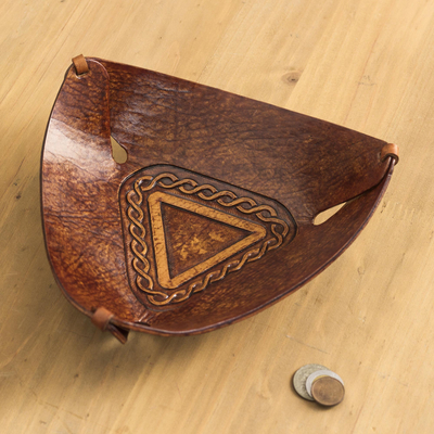 Leather catchall, 'Brown Pyramid Chains' - Artisan Crafted Colonial Inspired Tooled Leather Catchall