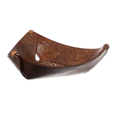 Leather catchall, 'Brown Pyramid Chains' - Artisan Crafted Colonial Inspired Tooled Leather Catchall