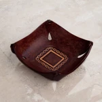 Leather catchall, 'Brown Lasso' - Artisan Crafted Leather Square Catchall from the Andes