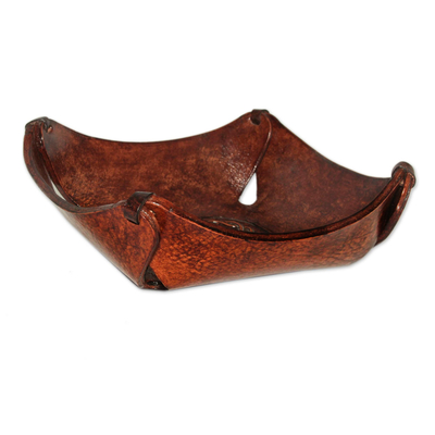 Leather catchall, 'Brown Lasso' - Artisan Crafted Leather Square Catchall from the Andes