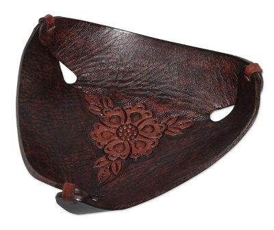 Leather catchall, 'Sunflower Charm in Caramel Brown' - Leather Catchall in Caramel Brown Artisan Crafted in Peru