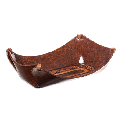 Leather catchall, 'Brown Lasso Labyrinth' - Leather Catch All Handcrafted in Peru of Tooled Leather