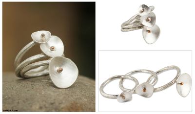 Sterling silver cocktail ring, 'Abstract Blossoms' - Copper Accent Modern Sterling Silver Cocktail Ring