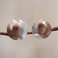 Sterling silver button earrings, 'Inner Flame' - Handmade Silver Button Earrings with Copper Accents