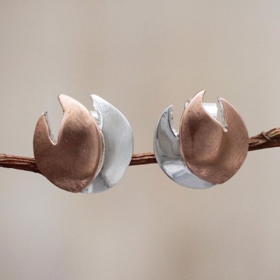 Sterling silver button earrings, 'Inner Flame' - Handmade Silver Button Earrings with Copper Accents