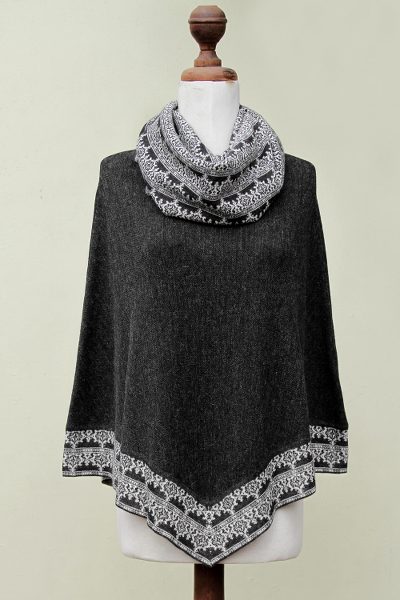 100% alpaca poncho, 'Huarascaran Mist' - Gray and Ivory Cowl Collar Poncho from Peru