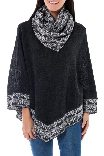100% alpaca poncho, 'Huarascaran Mist' - Gray and Ivory Cowl Collar Poncho from Peru