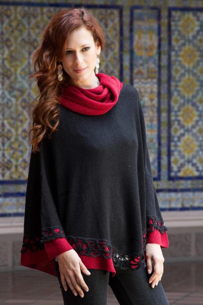 100% alpaca poncho, 'Huanta Black Roses' - Genuine Alpaca Poncho in Black and Red from Peru