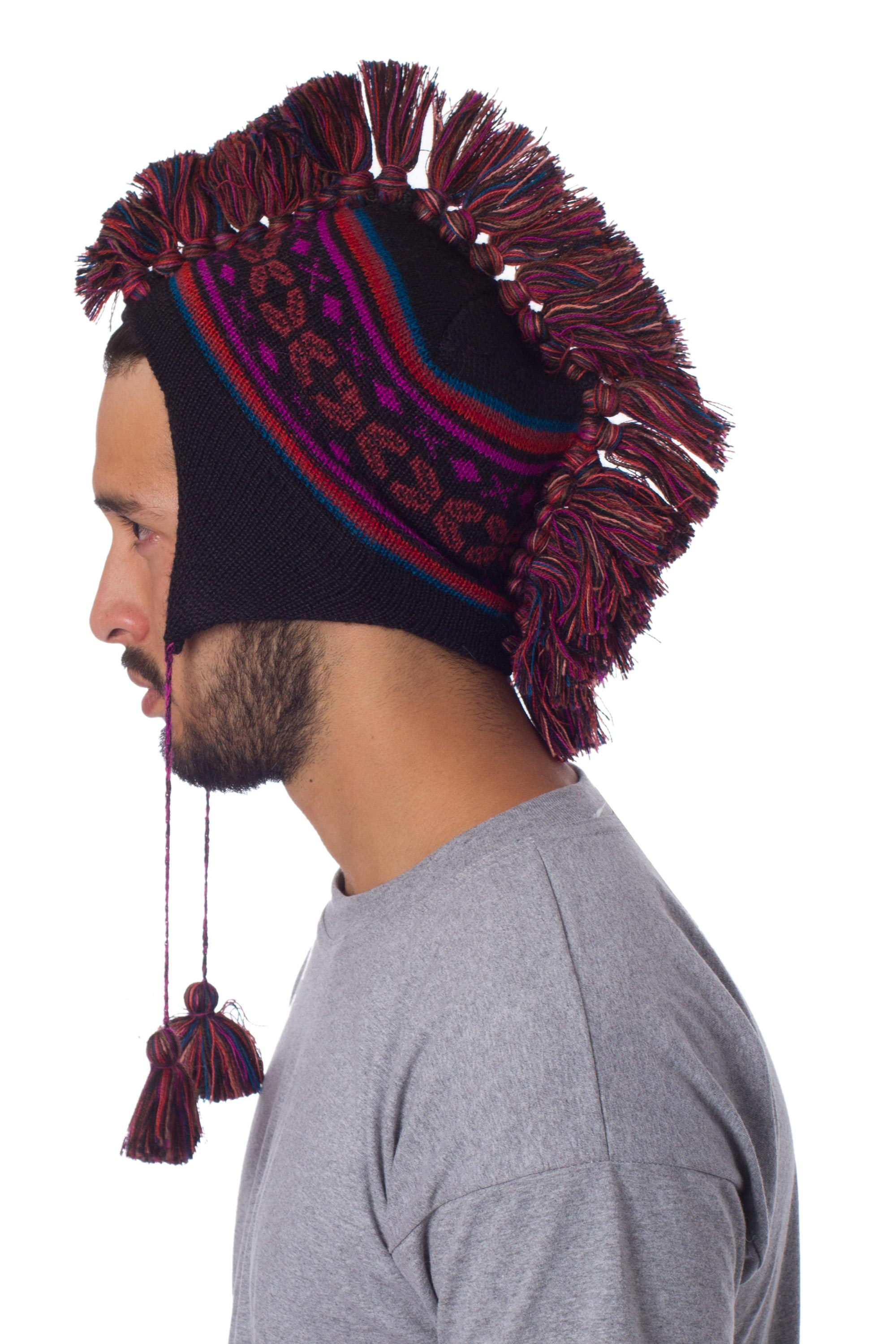 Black And Pink Peruvian Chullo Cap With Earflaps And Fringe Pisac