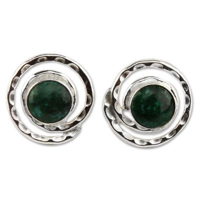 Chrysocolla button earrings, 'Cuzco Aura' - Handmade Sterling Silver Chrysocolla Earrings