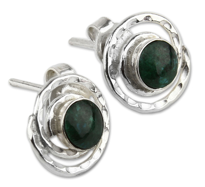 Chrysocolla button earrings, 'Cuzco Aura' - Handmade Sterling Silver Chrysocolla Earrings