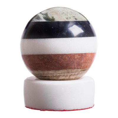 Natural Gemstones Sphere Sculpture with Onyx Stand