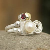 Gold accent cultured pearl and garnet cocktail ring, 'Andean Rune' - Gold Accent Sterling Silver Pearl and Garnet Ring