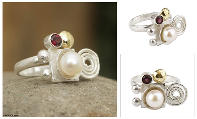 Gold accent cultured pearl and garnet cocktail ring, 'Andean Rune' - Gold Accent Sterling Silver Pearl and Garnet Ring