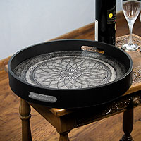 Wood and leather serving tray, 'Andean Lotus'