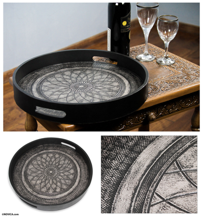 Wood and leather serving tray, 'Andean Lotus' - Tooled Leather Serving Tray