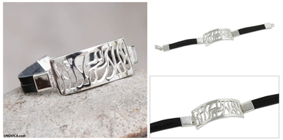 Sterling silver and leather pendant bracelet, 'Modern Abstraction' - Leather and Sterling Silver Bracelet from Peru