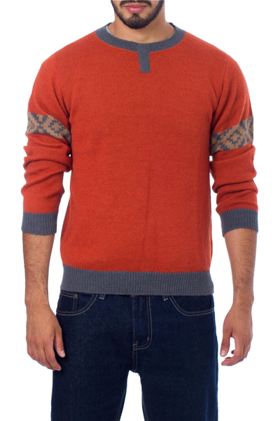 Orange Alpaca Pullover Sweater for Men - Chakana Wanderer | NOVICA