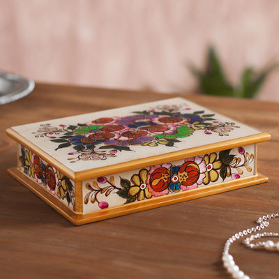Kasten aus rückseitig lackiertem Glas - Mehrfarbige, florale, rückseitig bemalte Glasbox aus Peru