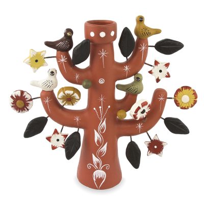 Ceramic candleholder, 'Sunset Tree of Life' - Artisan Crafted Ceramic Candleholder from Peru
