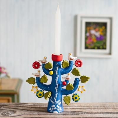 Ceramic candleholder, 'Ocean Tree of Life' - Artisan Crafted Ceramic Folk Art Candleholder from Peru