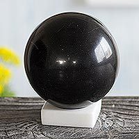 Onyx sphere, 'Night World' - Black Onyx Sphere Sculpture on White Calcite Base