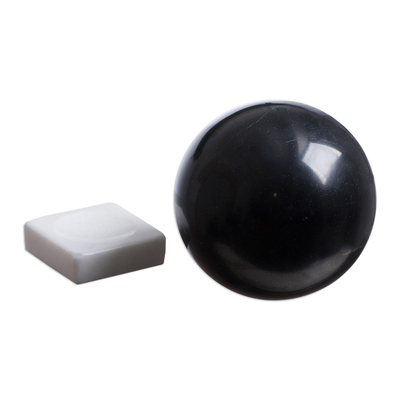 Onyx sphere, 'Night World' - Black Onyx Sphere Sculpture on White Calcite Base