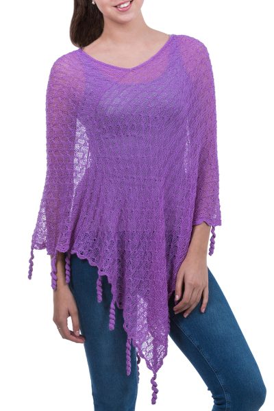 Alpaca blend poncho, 'Lavender Whimsy' - Alpaca Blend Knit V-neck Poncho from Peru