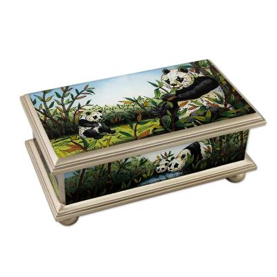 Reverse painted glass box, 'Happy Panda Family' - Reverse Painted Glass Jewelry Box from Peru