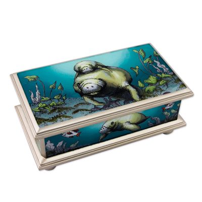 Reverse painted glass box, 'Manatees' - Reverse Painted Glass jewellery Box with Silver Trim
