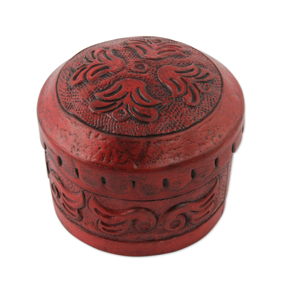 Leather box, 'Andean Secrets' - Round Tooled Leather Box and Lid