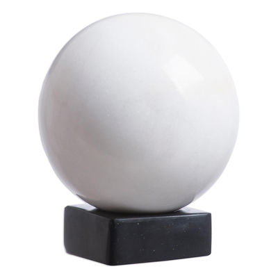 Onyx sphere, 'World of White' - White Onyx Sphere Sculpture on Black Onyx Base