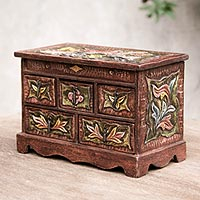 Wood and leather jewelry box, 'Taking Flight' - Hand Crafted Tooled Leather Multi-Drawer Jewelery Box