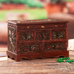 Wood and leather jewelry box, 'Taking Flight' - Hand Crafted Leather and Wood Bird Jewelry Box