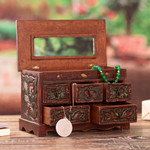 Wood and leather jewelry box, 'Taking Flight' - Hand Crafted Leather and Wood Bird Jewelry Box