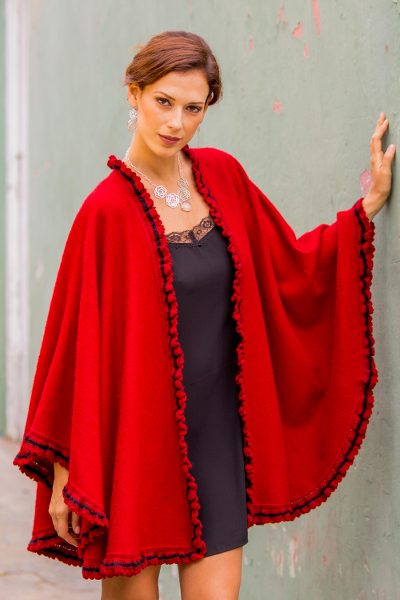 Alpaca blend cape, 'Andean Snow Princess in Red' - Red Alpaca Blend Ruana Cape Black Trim