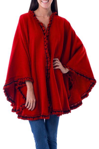Alpaca blend cape, 'Andean Snow Princess in Red' - Red Alpaca Blend Ruana Cape Black Trim