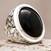 Anillo de cóctel de obsidiana, 'Lima Soul' - Anillo de obsidiana Joyería artesanal de plata de ley