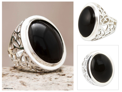 Obsidian cocktail ring, 'Lima Soul' - Obsidian Ring Sterling Silver Artisan Jewellery