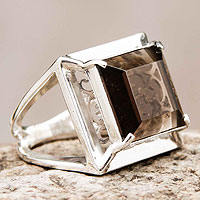 Smoky quartz cocktail ring, 'Charm of Lima' - Single Smokey Quartz Stone Cocktail Ring