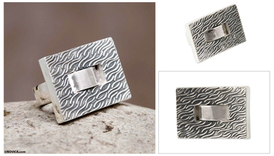 Sterling silver ring, 'Modern River' - Square Textured Silver Handmade Ring