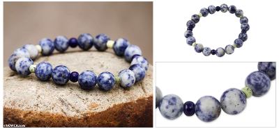 Sodalite and serpentine stretch bracelet, 'River Song' - Handmade Beaded Sodalite Bracelet