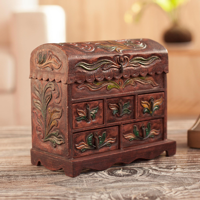 Wood and leather jewelry box, 'Golden Bird' - Colonial Hand Tooled Leather 5 Drawer Jewelry Box