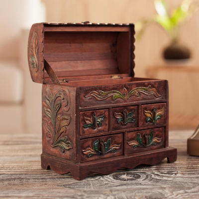 Wood and leather jewellery box, 'Golden Bird' - Colonial Hand Tooled Leather 5 Drawer jewellery Box