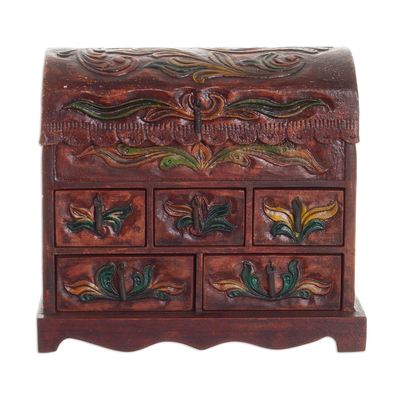 Wood and leather jewellery box, 'Golden Bird' - Colonial Hand Tooled Leather 5 Drawer jewellery Box
